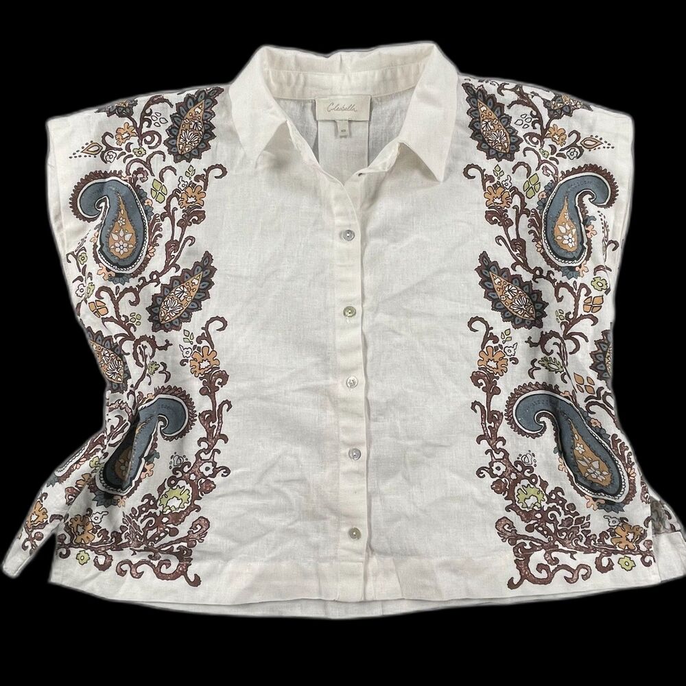 Cleobella XS White Paisley Coastal Linen Blend Lagenlook Cropped Boho Blouse